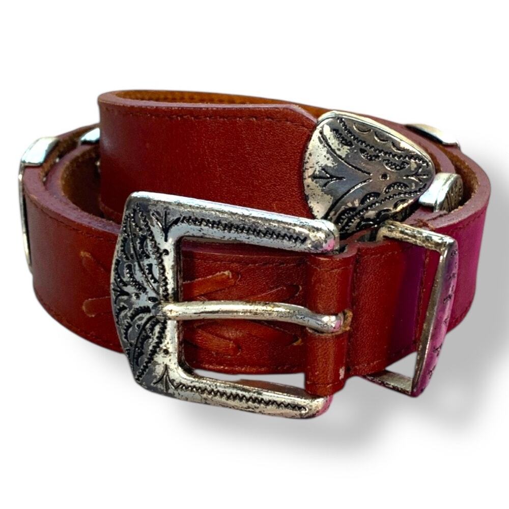 Vintage Latigo Leather Concho Belt Western Cowgirl Rodeo Ranch Brown‎ Size Large